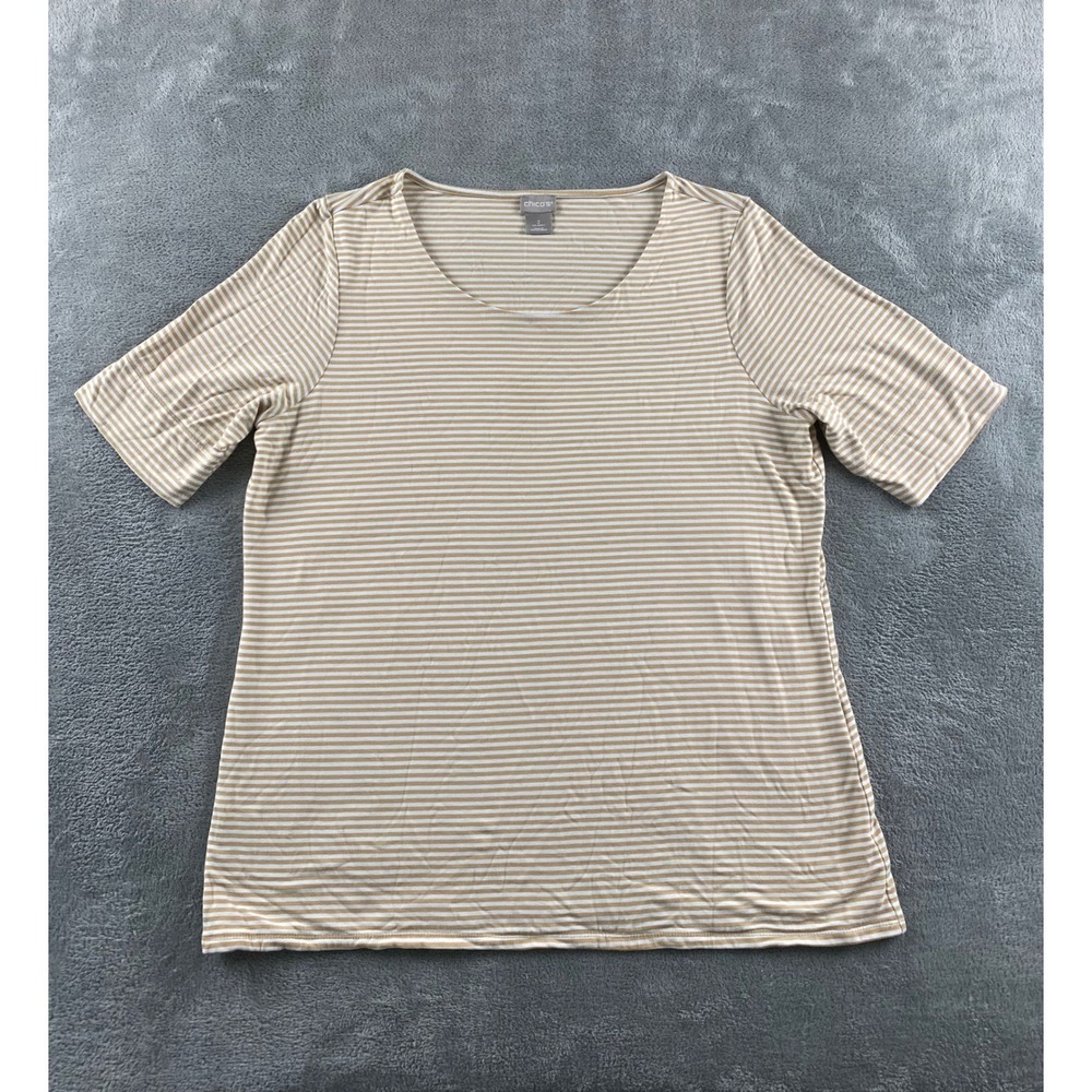 Chico's Women Tan White Striped Scoop Neck Short Sleeve Top Size 2 L Large